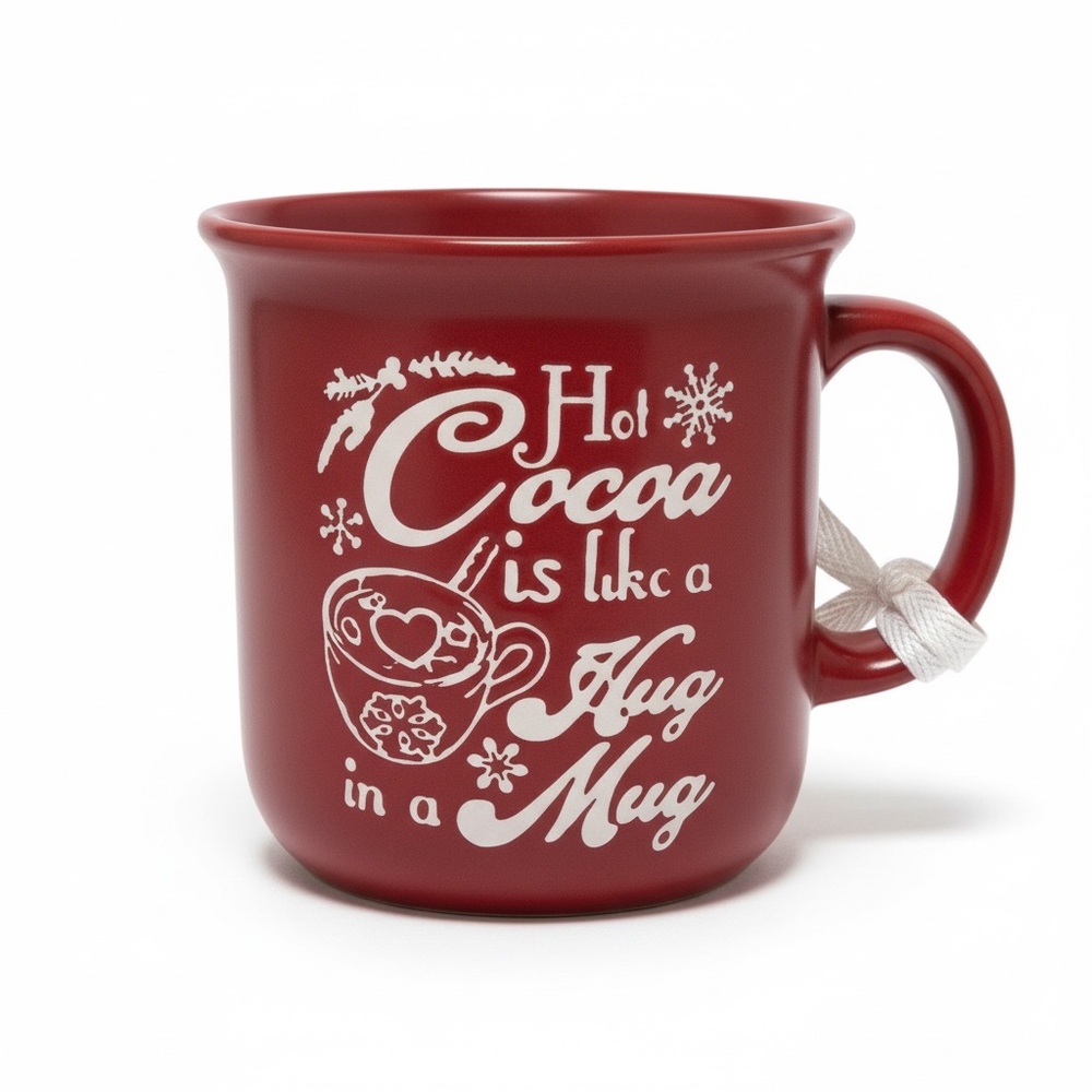 Cozy Comfort Red Ceramic Mug with a Red Pair of Socks featuring Christmas Decor.